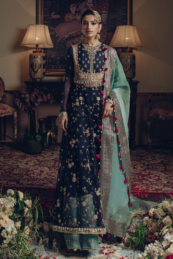 Navy Hand-Embellished Organza Sharara (3-Piece) - Image 2
