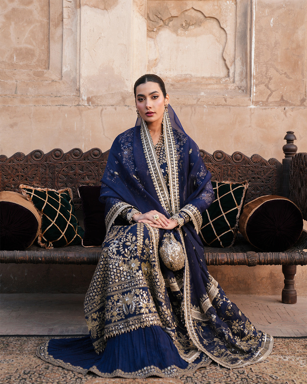 Pakistani Navy Blue Embroidered Korean Raw Silk Sharara (3-Piece) - Image 2