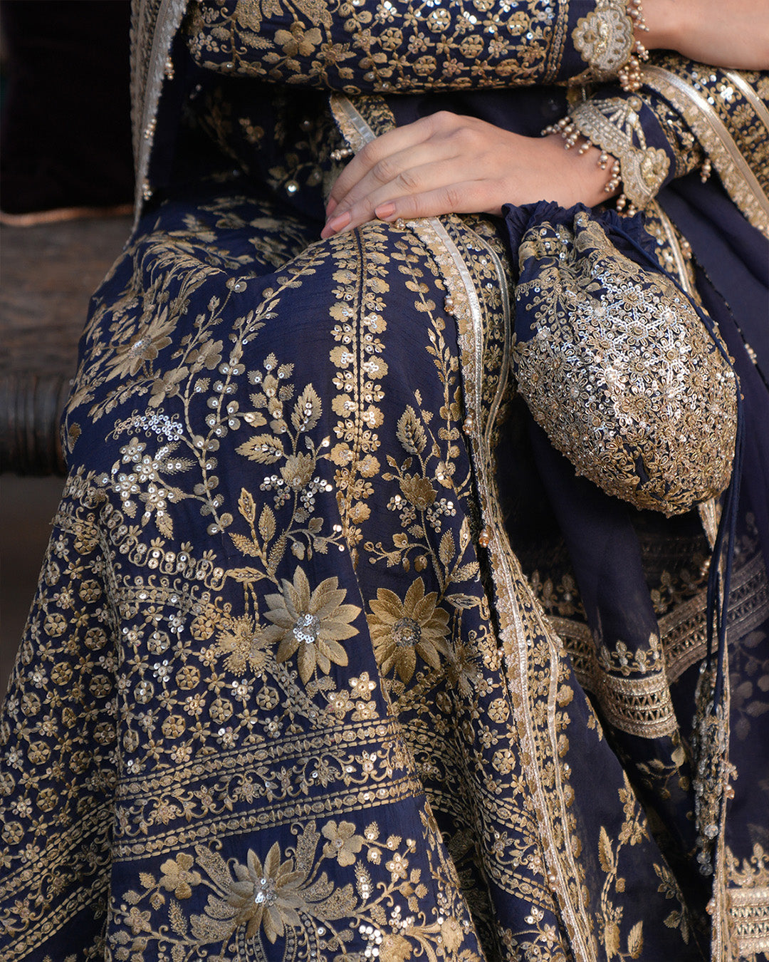 Pakistani Navy Blue Embroidered Korean Raw Silk Sharara (3-Piece) - Image 5