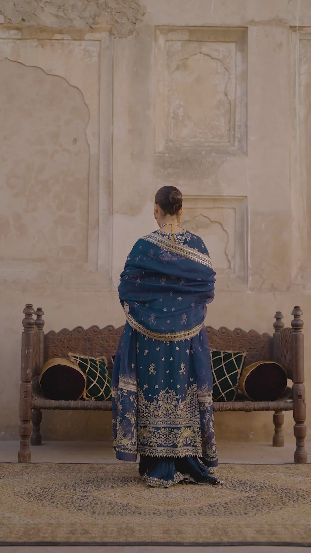 Pakistani Navy Blue Embroidered Korean Raw Silk Sharara (3-Piece) - Image 7