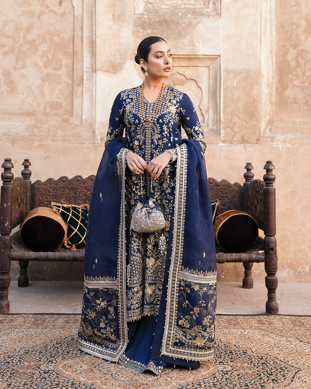 Pakistani Navy Blue Embroidered Korean Raw Silk Sharara (3-Piece) - Image 1