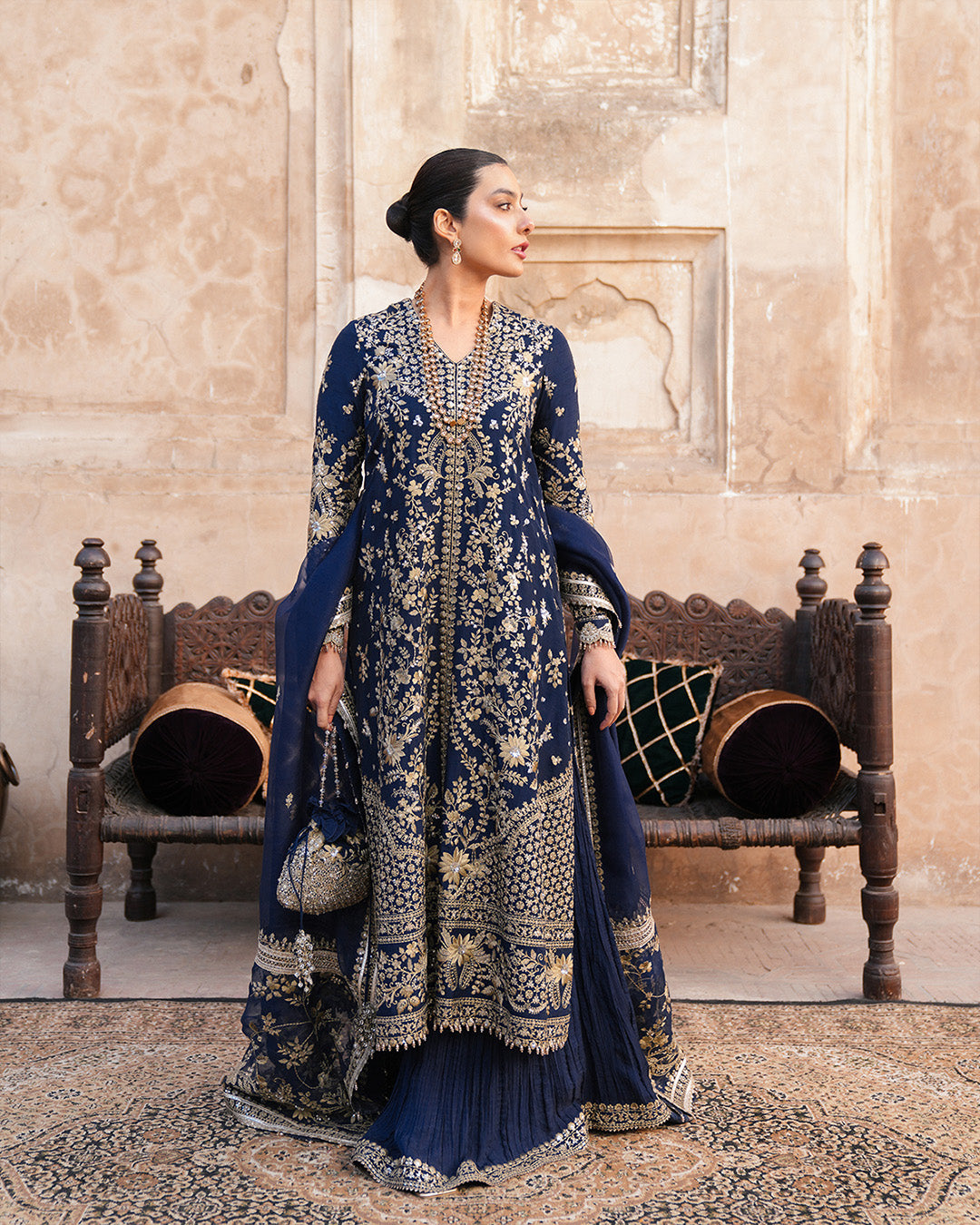 Pakistani Navy Blue Embroidered Korean Raw Silk Sharara (3-Piece) - Image 3