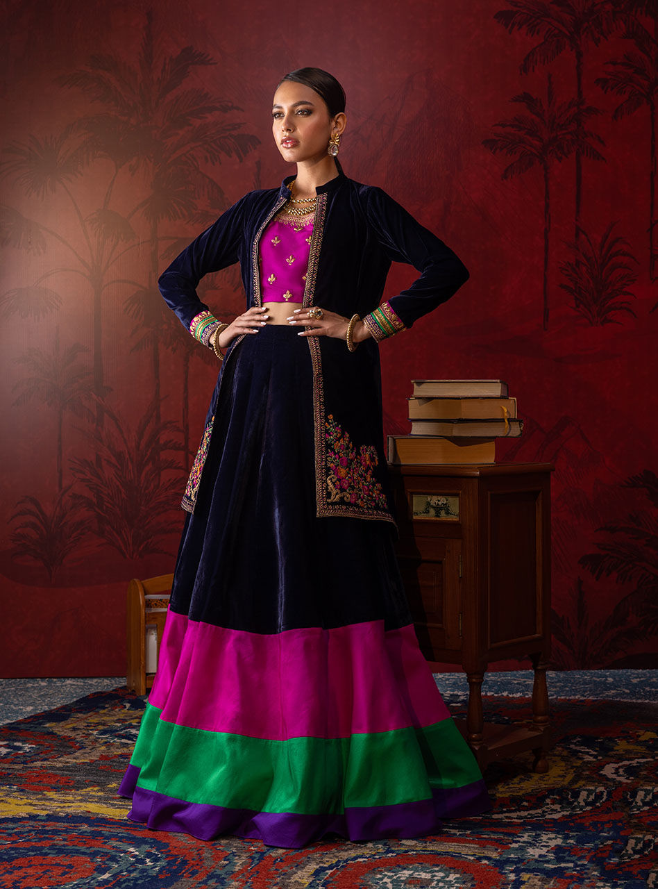 Pakistani Navy Embroidered Velvet & Silk Sharara (3-Piece) - Image 1