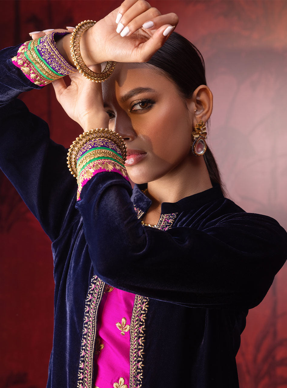 Pakistani Navy Embroidered Velvet & Silk Sharara (3-Piece) - Image 7