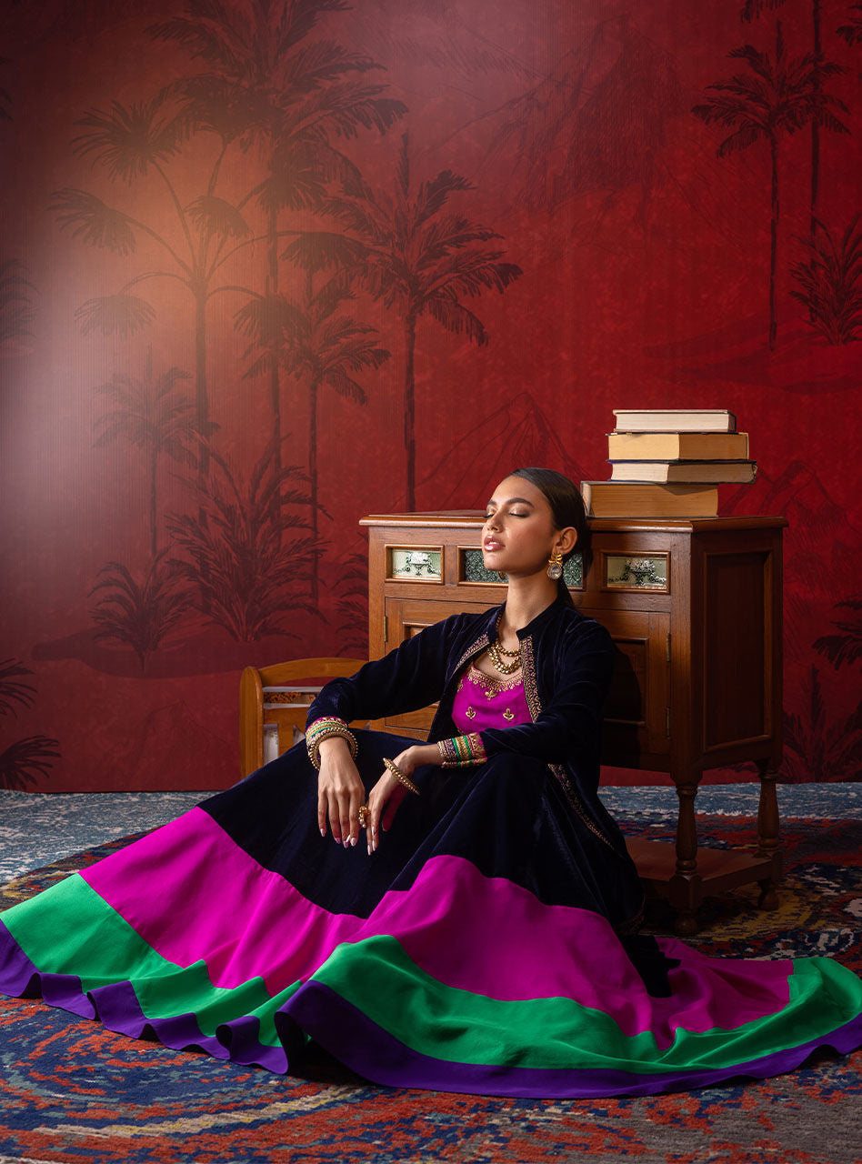 Pakistani Navy Embroidered Velvet Silk Sharara (3-Piece) - Image 2