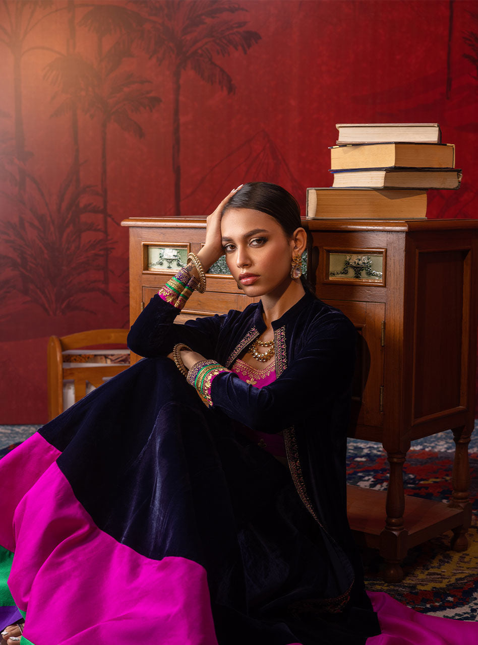 Pakistani Navy Embroidered Velvet Silk Sharara (3-Piece) - Image 3