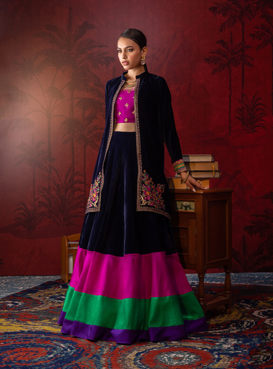 Pakistani Navy Embroidered Velvet Silk Sharara (3-Piece) - Image 4