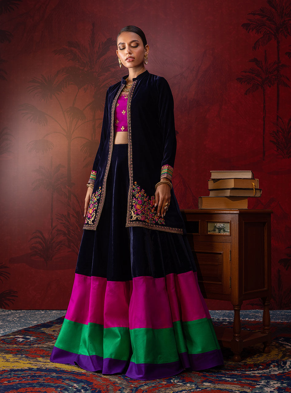 Pakistani Navy Embroidered Velvet Silk Sharara (3-Piece) - Image 8