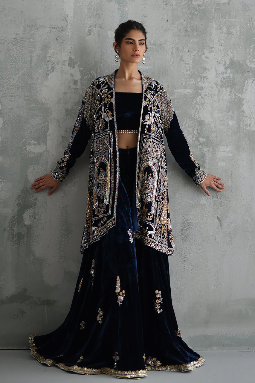 Navy Blue Zardozi Velvet Sharara Set (3-Piece) - Image 1