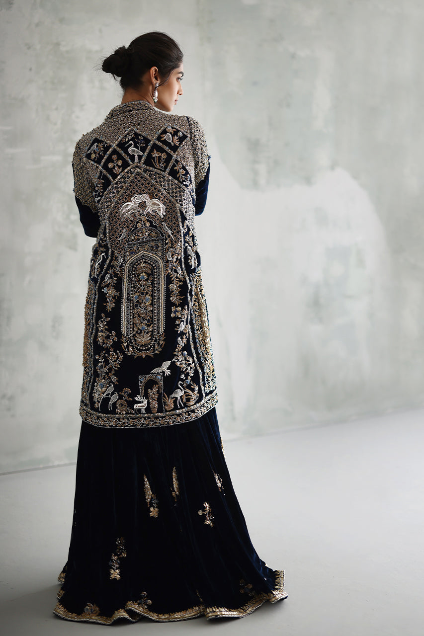 Navy Blue Zardozi Velvet Sharara Set (3-Piece) - Image 2