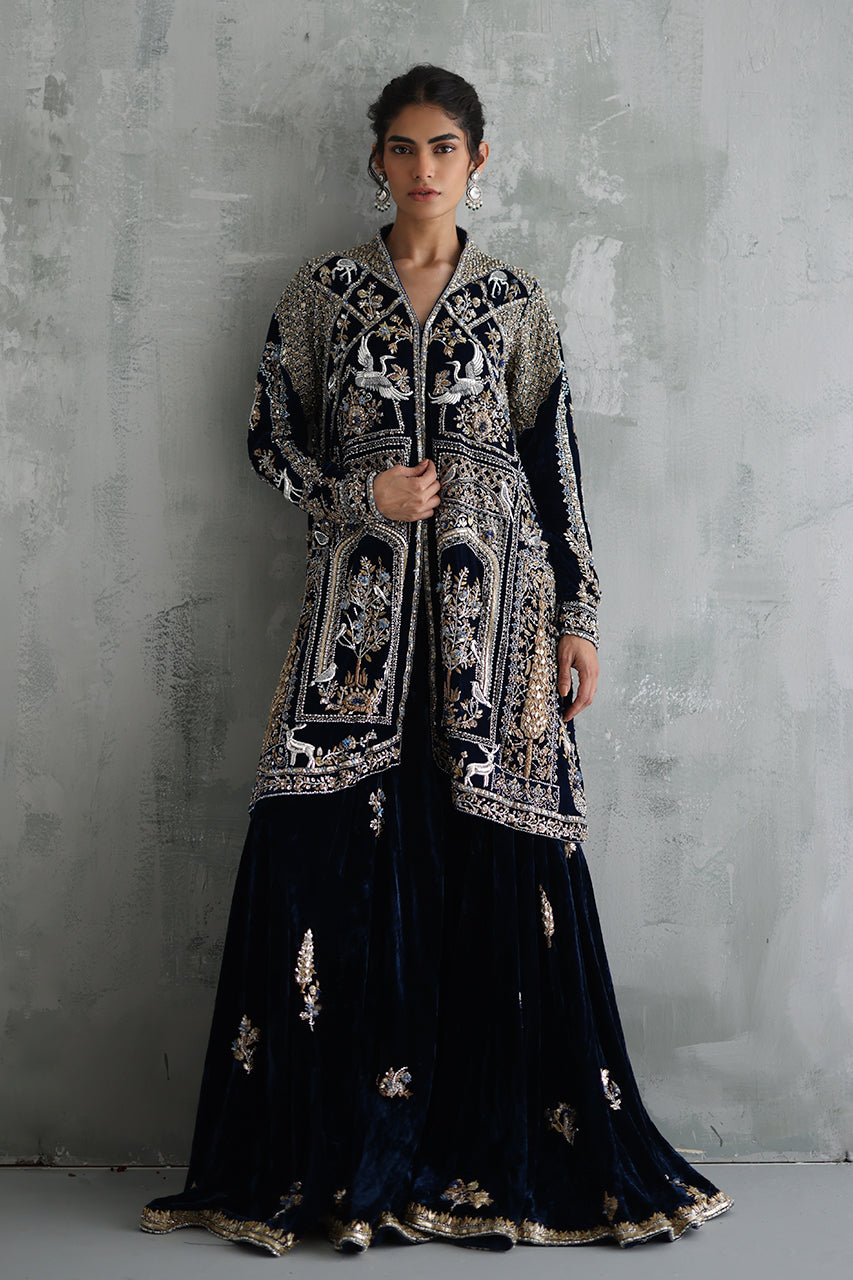 Navy Blue Zardozi Velvet Sharara Set (3-Piece) - Image 3