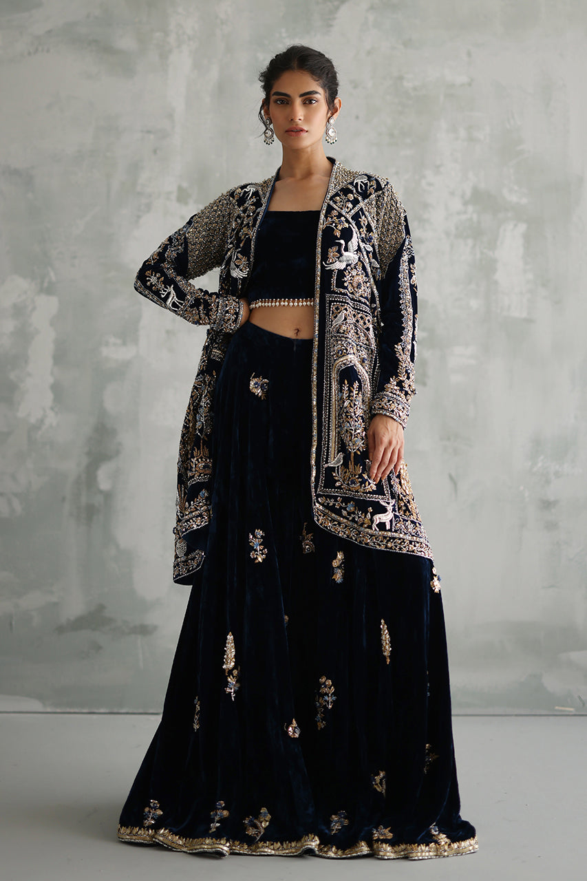 Navy Blue Zardozi Velvet Sharara Set (3-Piece) - Image 4