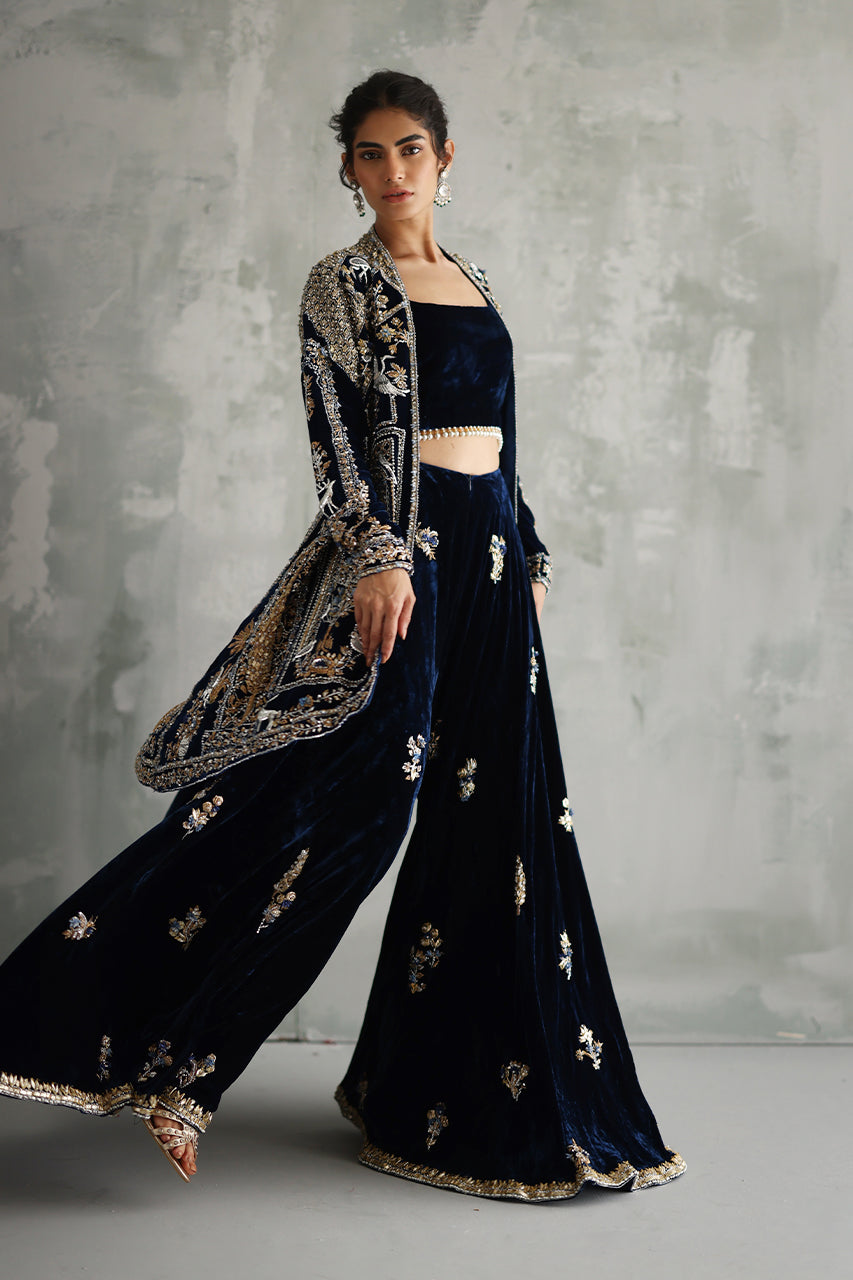 Navy Blue Zardozi Velvet Sharara Set (3-Piece) - Image 6