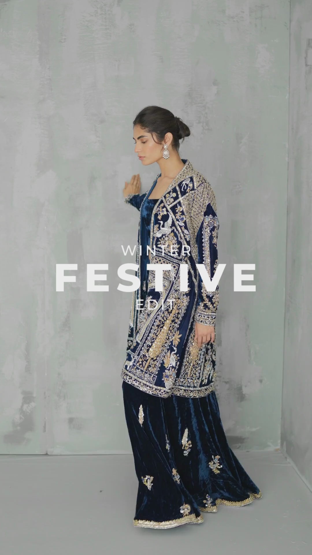 Navy Blue Zardozi Velvet Sharara Set (3-Piece) - Image 7