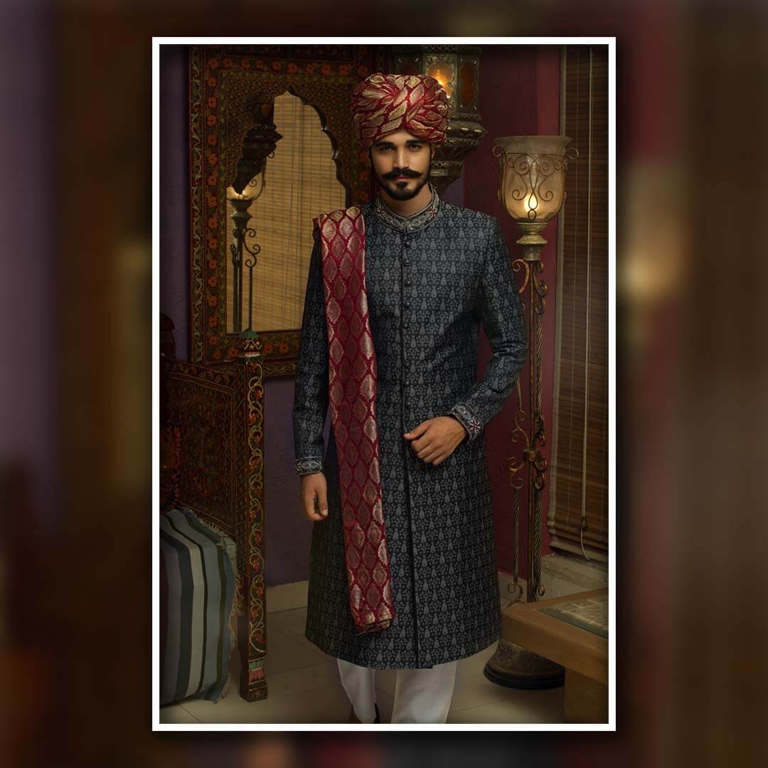 Navy Blue Jacquard Groom Sherwani (3-Piece) - Image 1