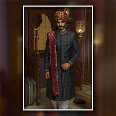 Navy Blue Jacquard Groom Sherwani (3-Piece) - Image 2