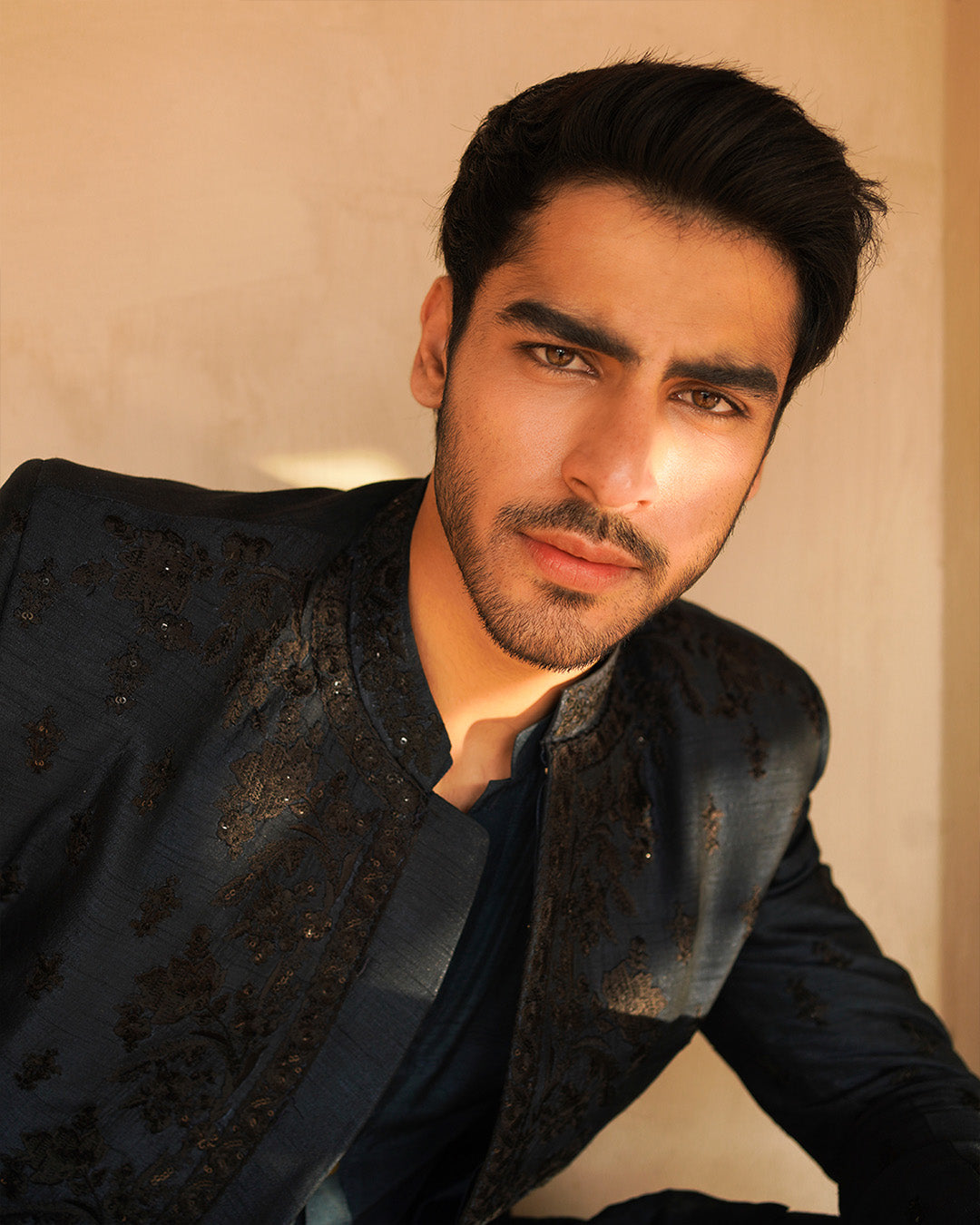 Navy Blue Embroidered Korean Raw Silk Sherwani (3-Piece) - Image 2