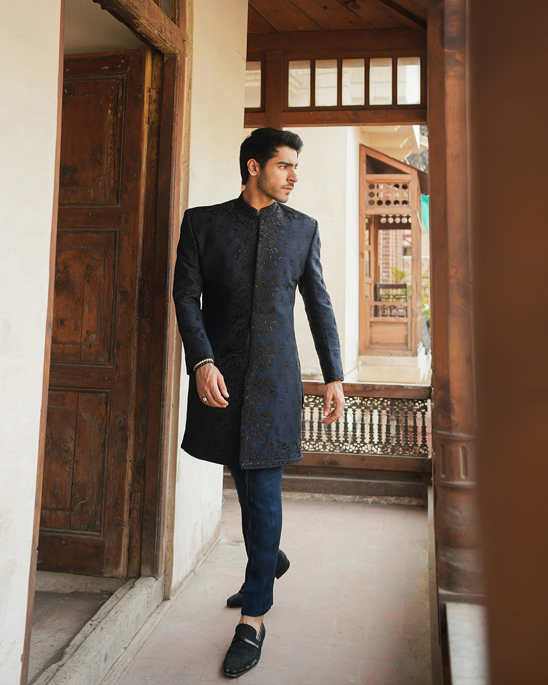 Navy Blue Embroidered Korean Raw Silk Sherwani (3-Piece) - Image 4