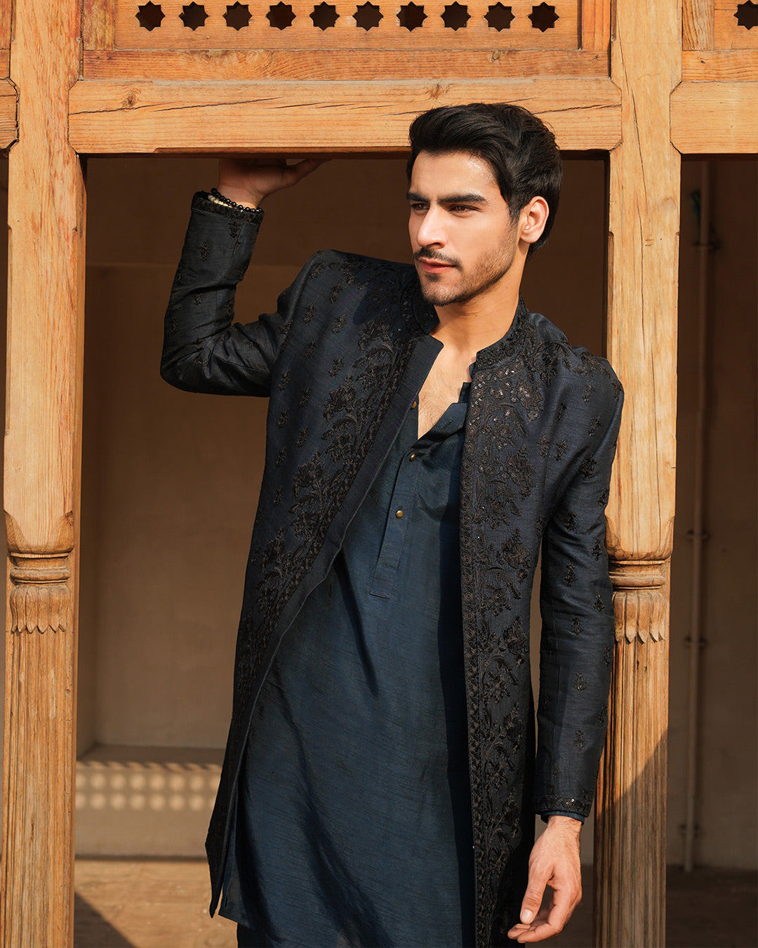 Navy Blue Embroidered Korean Raw Silk Sherwani (3-Piece) - Image 5