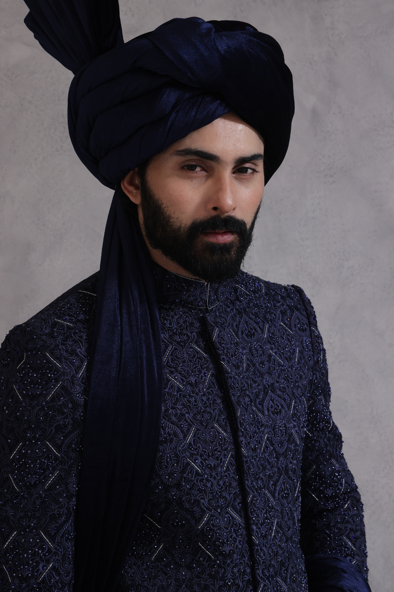 Navy Blue Hand Embroidered Raw Silk Sherwani (3-Piece) - Image 2
