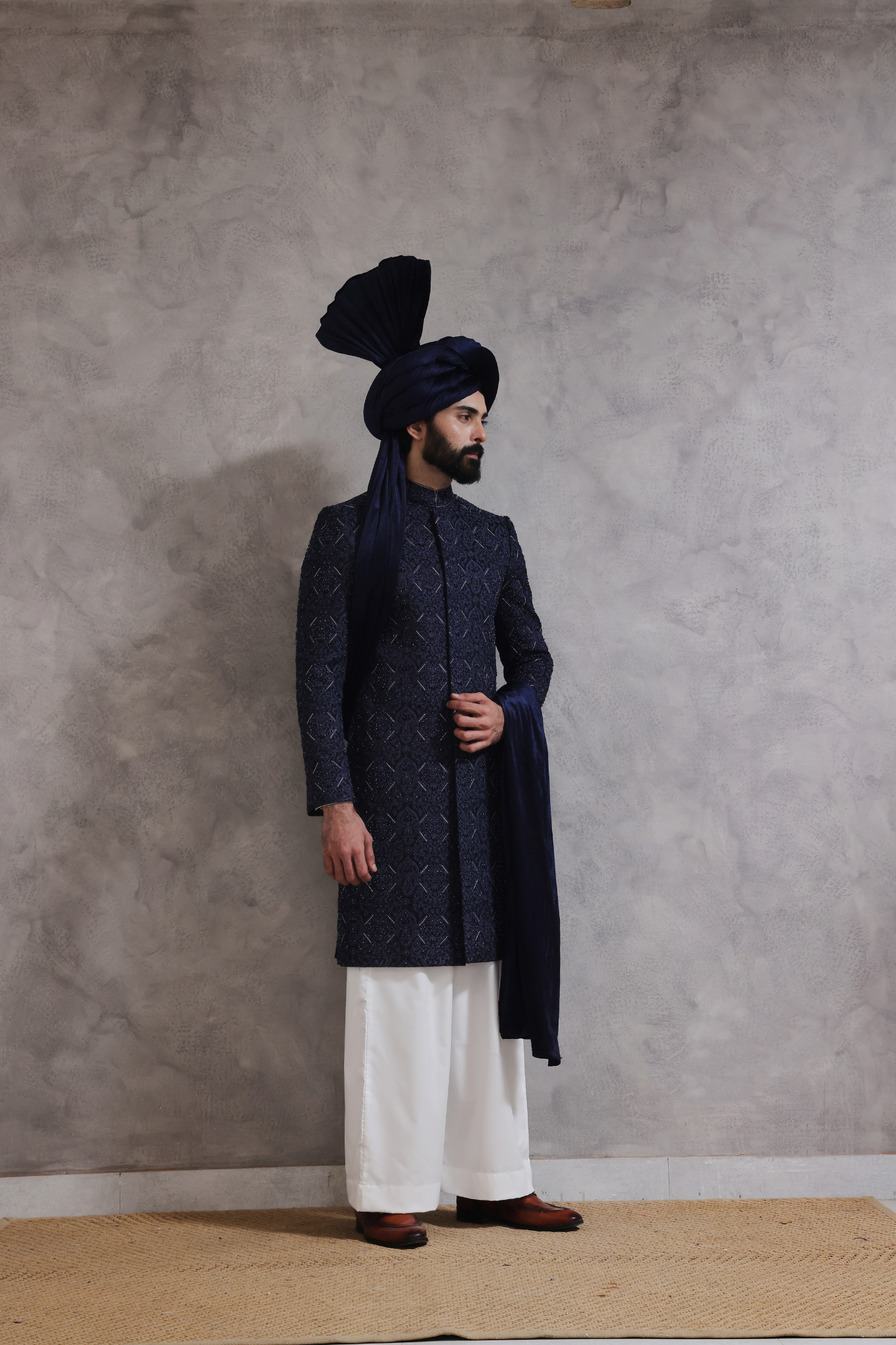 Navy Blue Hand Embroidered Raw Silk Sherwani (3-Piece) - Image 4