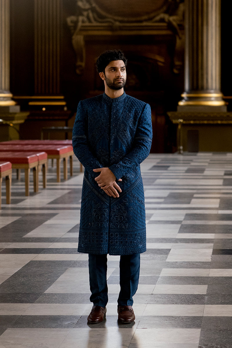 Navy Blue Adda Work Silk-Blend Sherwani (2-Piece) - Image 1