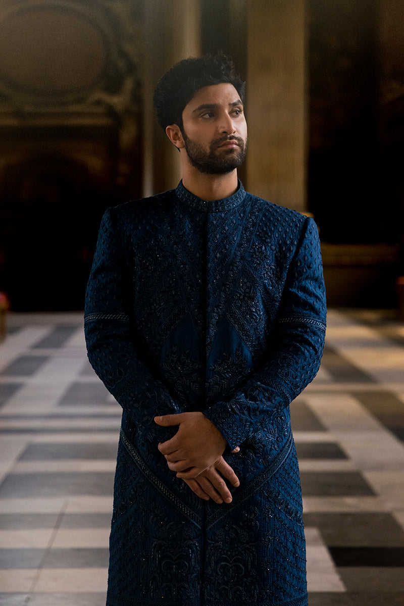Navy Blue Adda Work Silk-Blend Sherwani (2-Piece) - Image 2