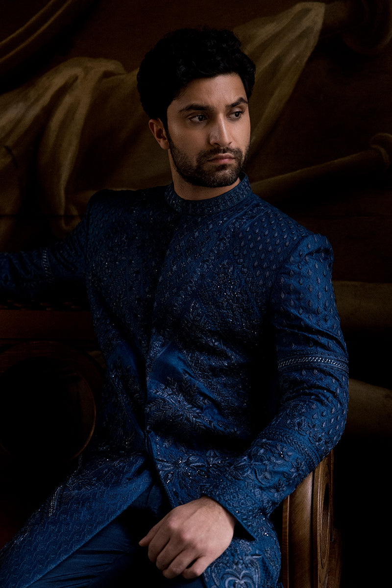 Navy Blue Adda Work Silk-Blend Sherwani (2-Piece) - Image 3