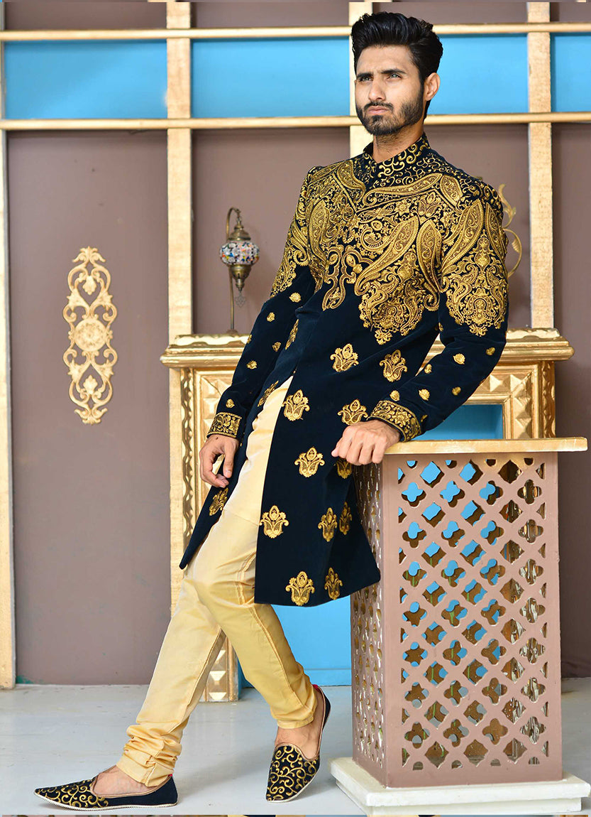 Navy Velvet Sherwani with Copper Tilla Embroidery (2-Piece) - Image 1