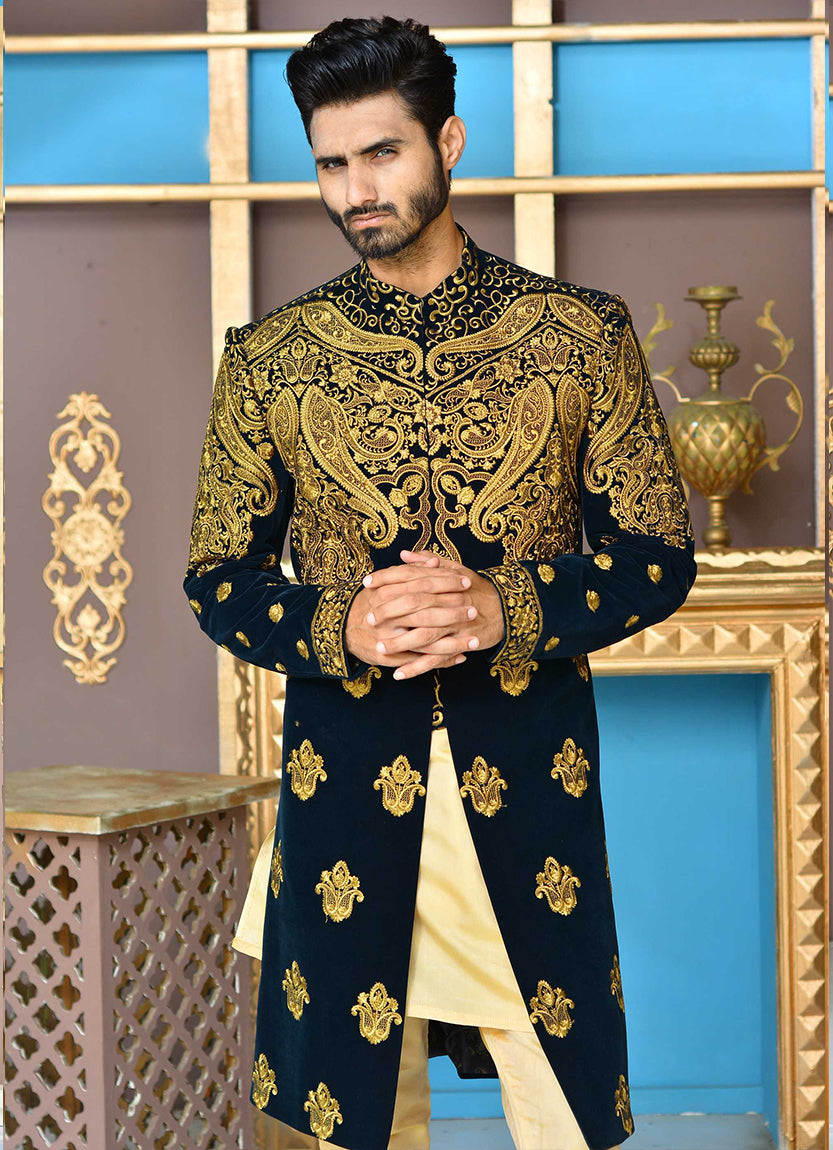 Navy Velvet Sherwani with Copper Tilla Embroidery (2-Piece) - Image 2