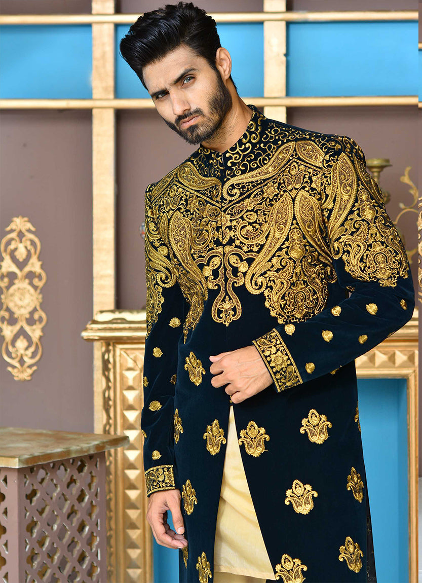 Navy Velvet Sherwani with Copper Tilla Embroidery (2-Piece) - Image 3
