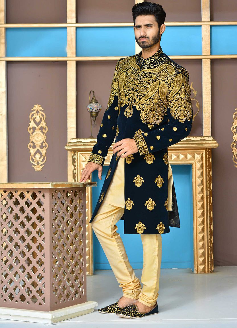 Navy Velvet Sherwani with Copper Tilla Embroidery (2-Piece) - Image 4