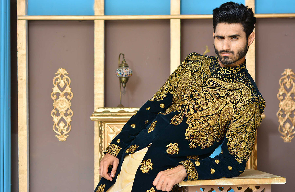 Navy Velvet Sherwani with Copper Tilla Embroidery (2-Piece) - Image 5