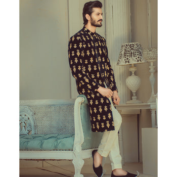 Navy Blue Gold Embroidered Velvet Sherwani (2-Piece) - Image 1