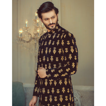 Navy Blue Gold Embroidered Velvet Sherwani (2-Piece) - Image 2