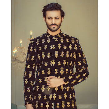 Navy Blue Gold Embroidered Velvet Sherwani (2-Piece) - Image 3