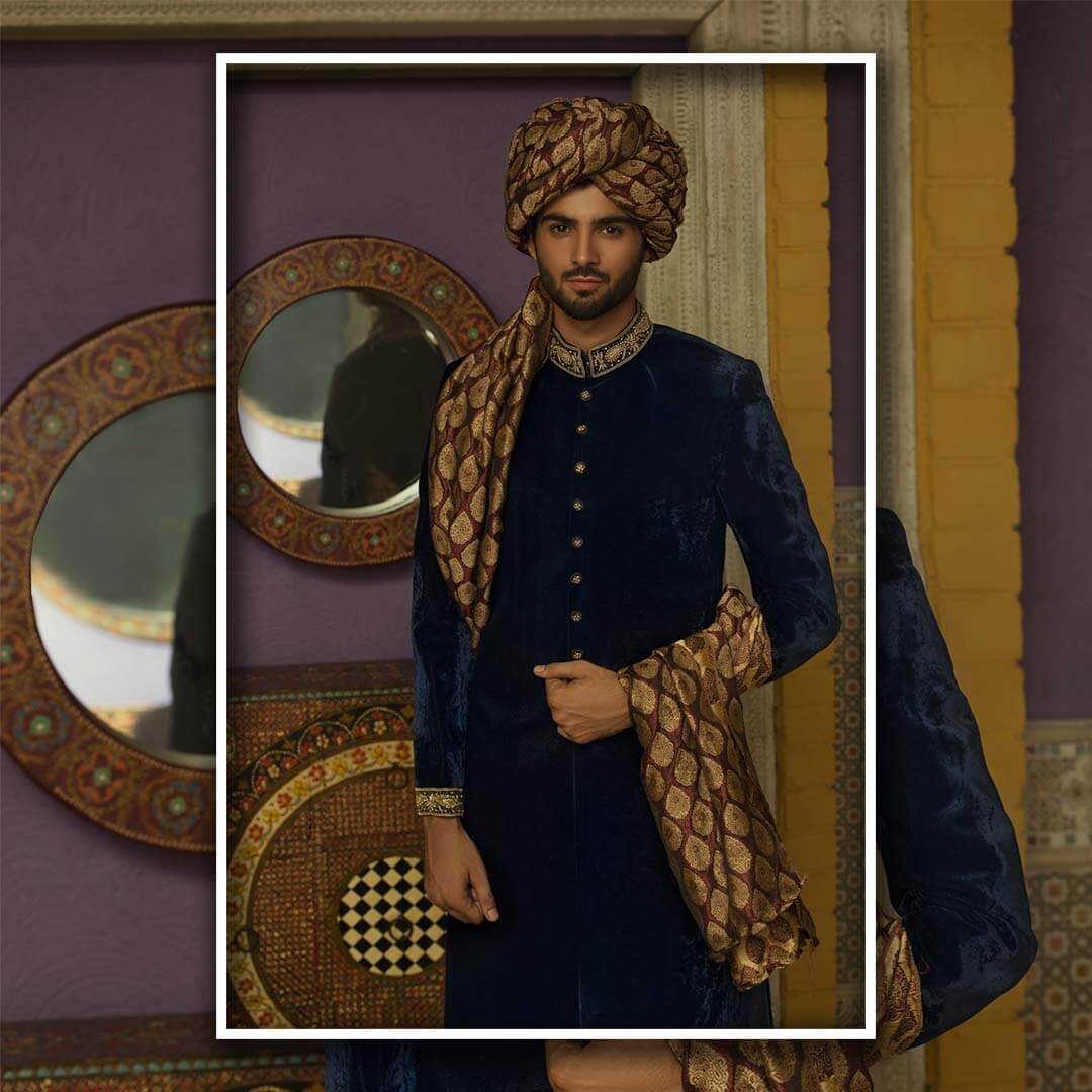 Navy Blue Embroidered Velveteen Sherwani (5-Piece) - Image 1