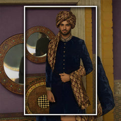 Navy Blue Embroidered Velveteen Sherwani (5-Piece) - Image 2