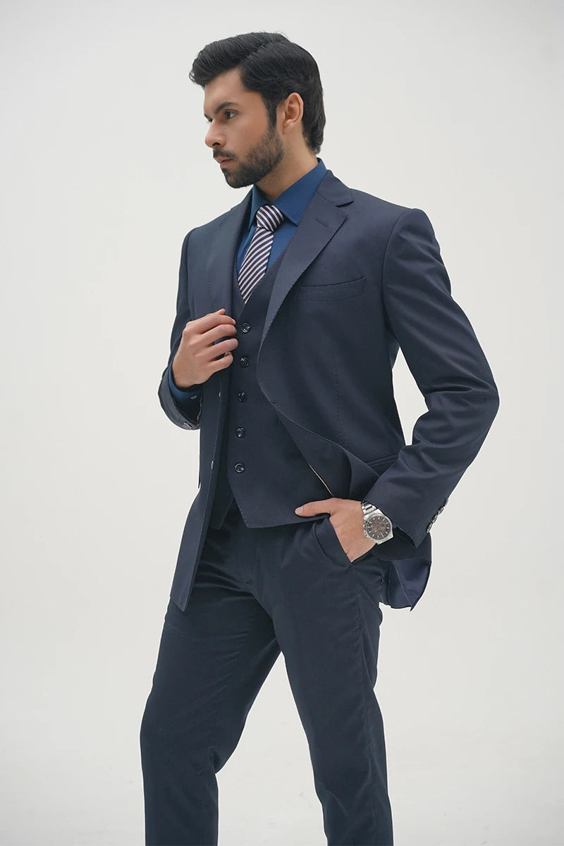 Navy Thread-Detail Premium Suiting 3-Piece Groom Suit - Image 2