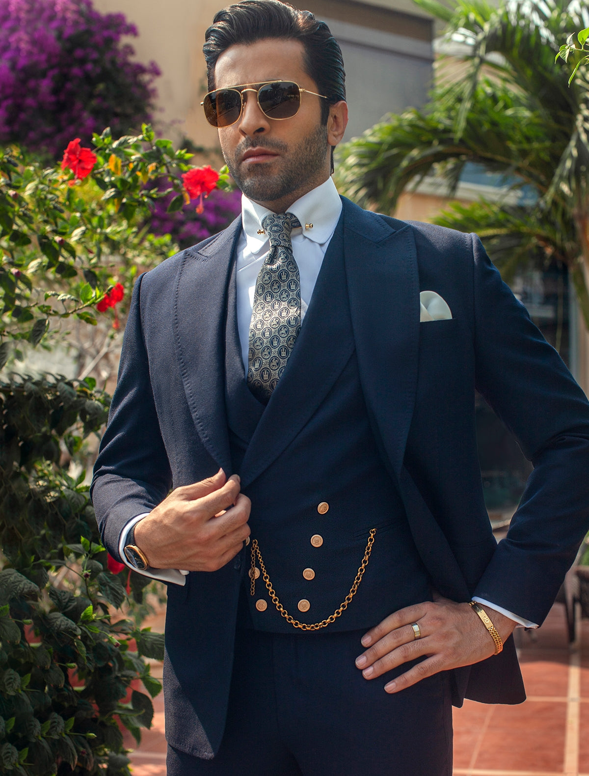 Navy Blue Wool Blend Three-Piece Suit (3-Piece) - Image 1
