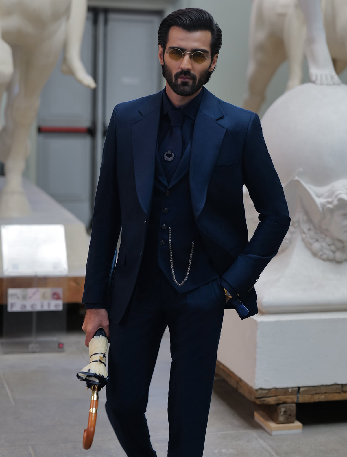 Navy Blue Wool Slim-Fit Three-Piece Suit (3-Piece) - Image 1