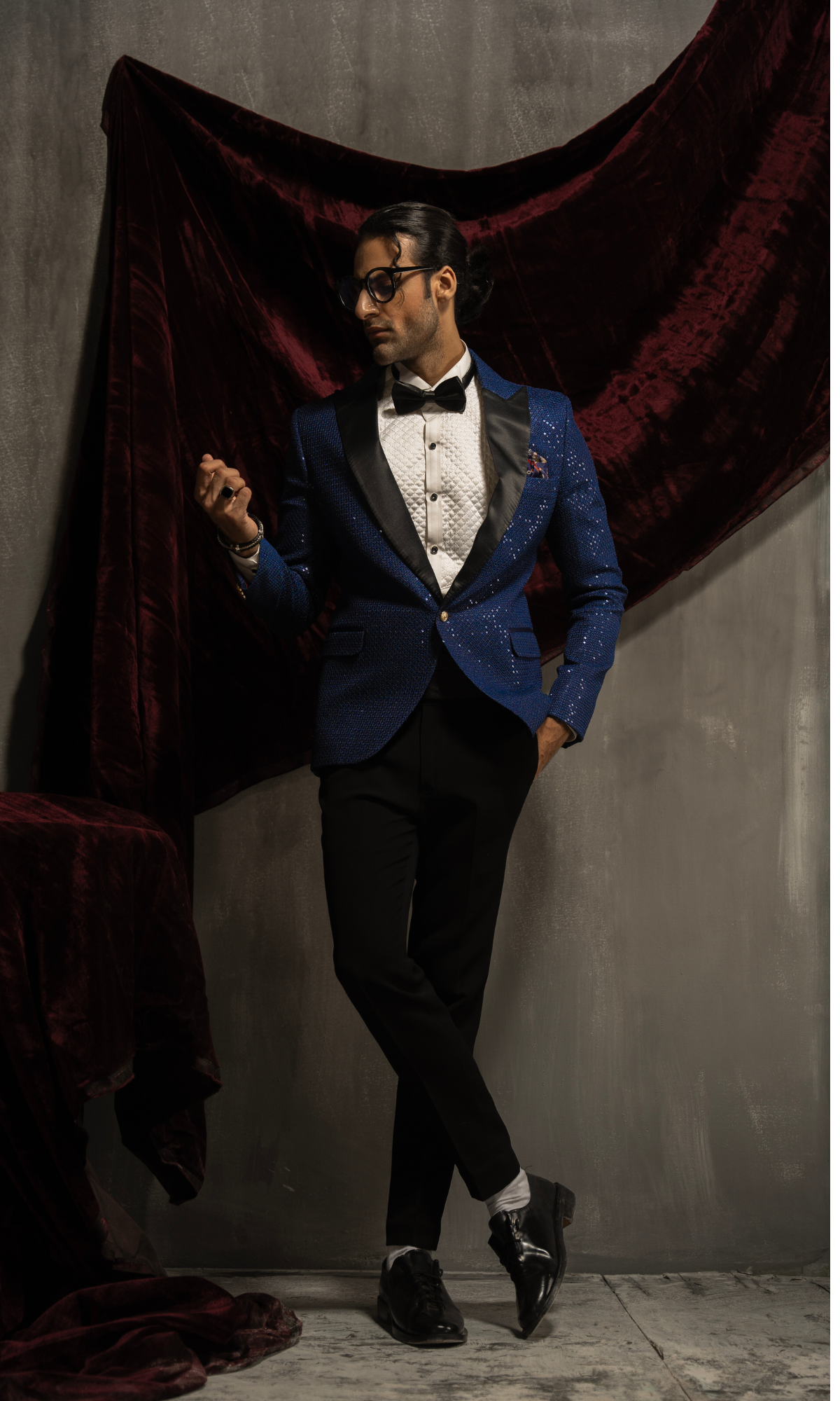 Navy Blue Sequin Tuxedo with Satin Lapels (2-Piece) - Image 1
