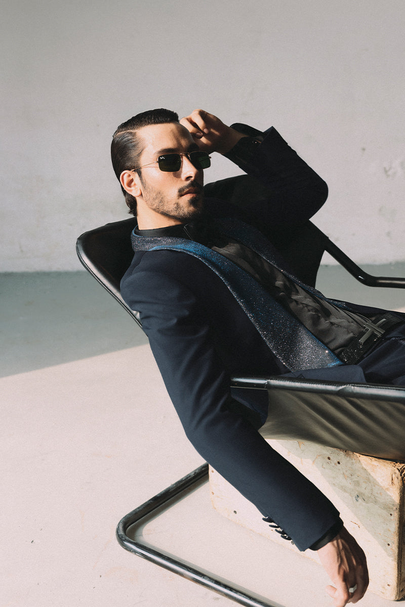 Midnight Blue Shimmer-Lapel Super 120 Italian Tuxedo (2-Piece) - Image 1