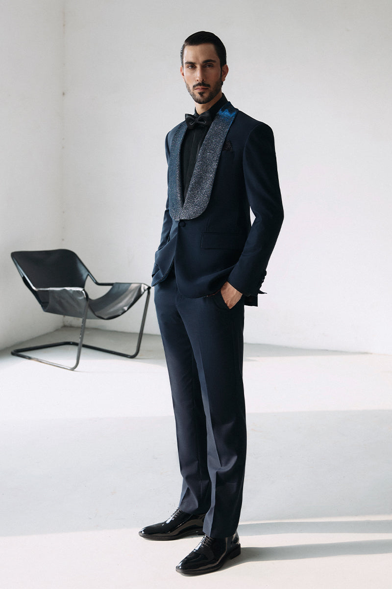 Midnight Blue Shimmer-Lapel Super 120 Italian Tuxedo (2-Piece) - Image 4