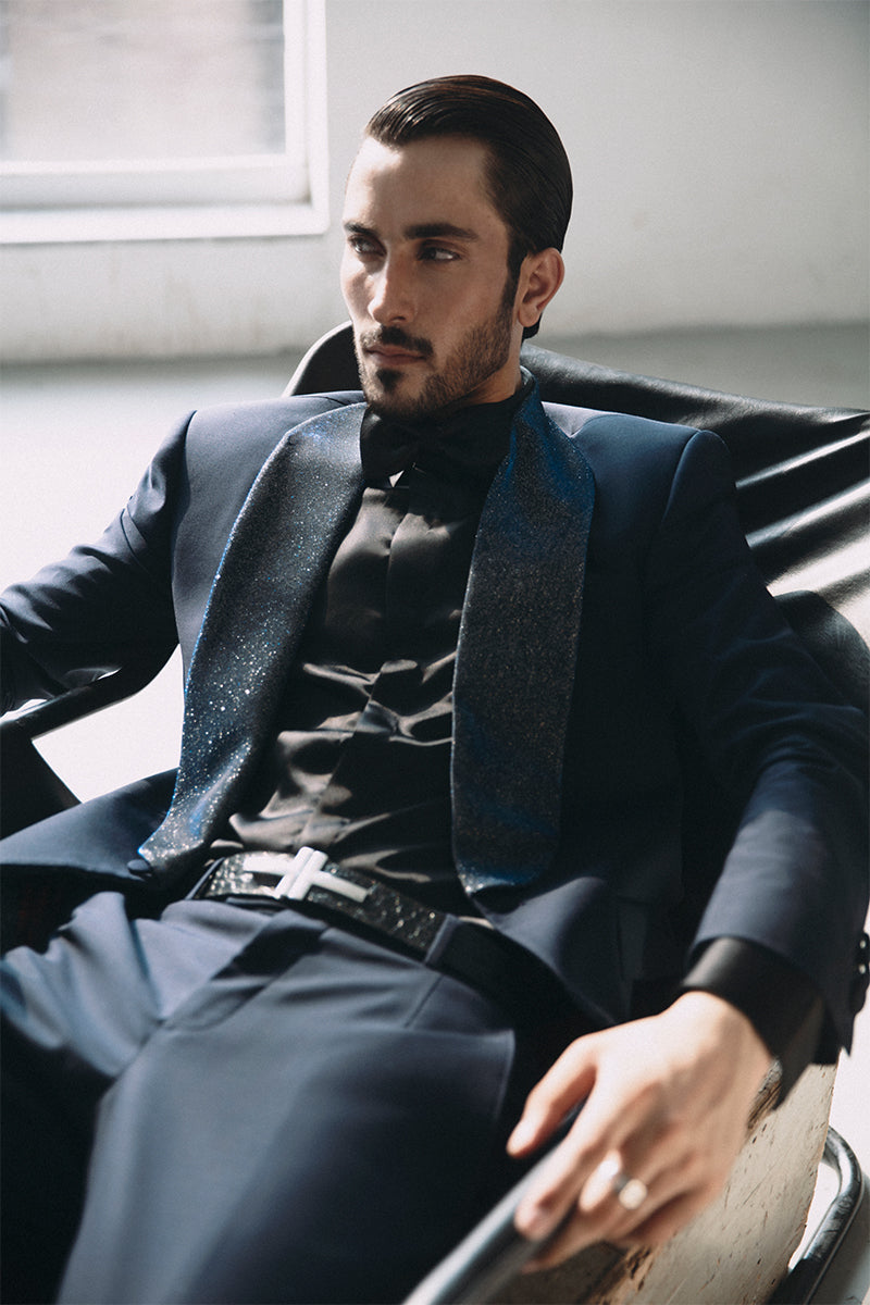 Midnight Blue Shimmer-Lapel Super 120 Italian Tuxedo (2-Piece) - Image 5