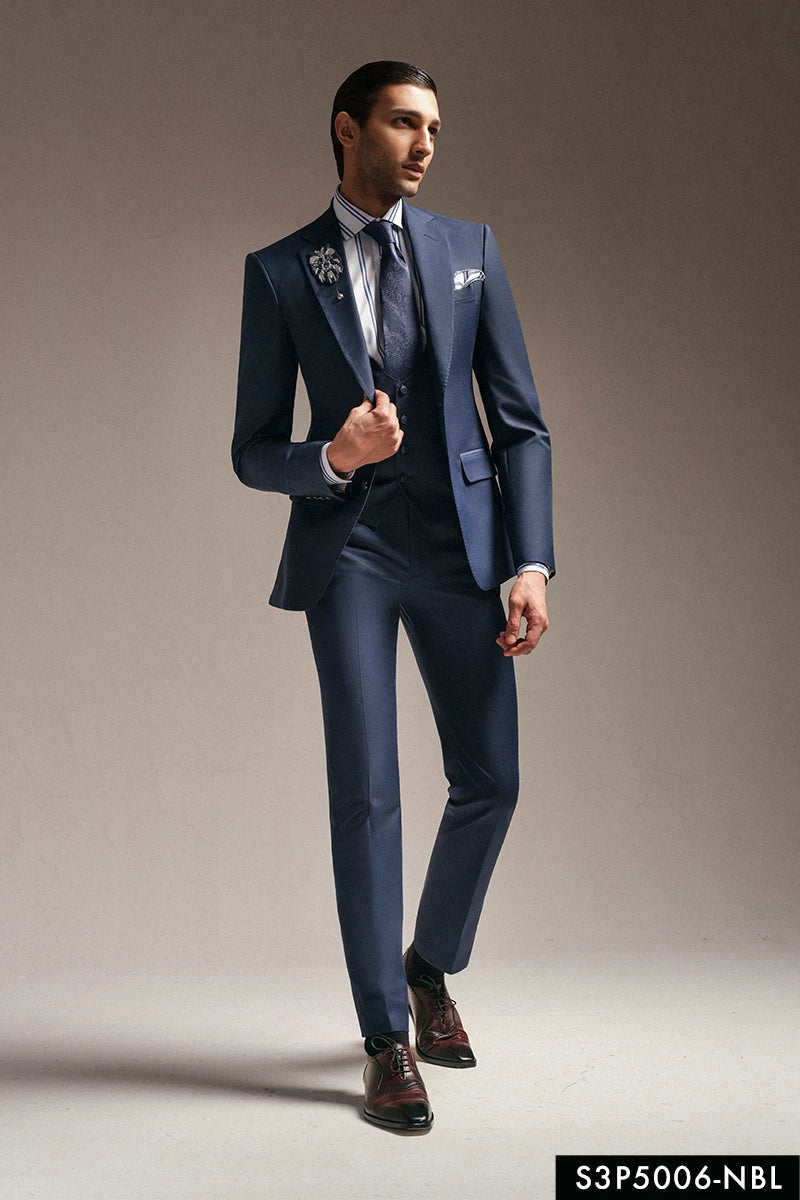 Navy Blue Hand-Embellished Wool Blend Tuxedo (3-Piece) - Image 1