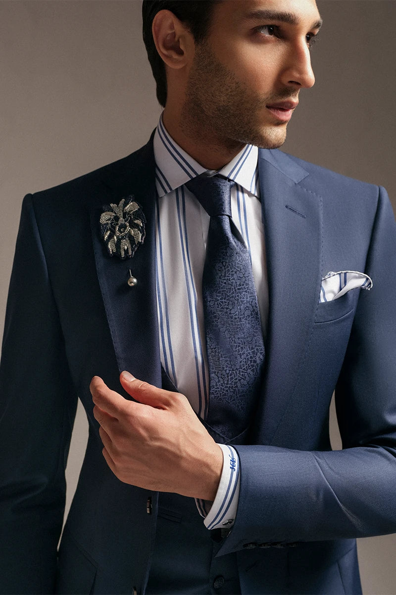 Navy Blue Hand-Embellished Wool Blend Tuxedo (3-Piece) - Image 2