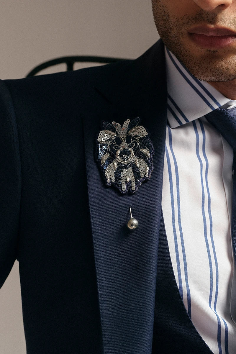 Navy Blue Hand-Embellished Wool Blend Tuxedo (3-Piece) - Image 3