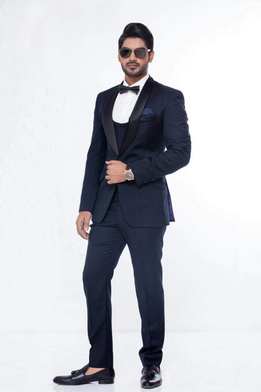 Blackish Blue Satin-Trim Wool Tuxedo (3-Piece) - Image 1