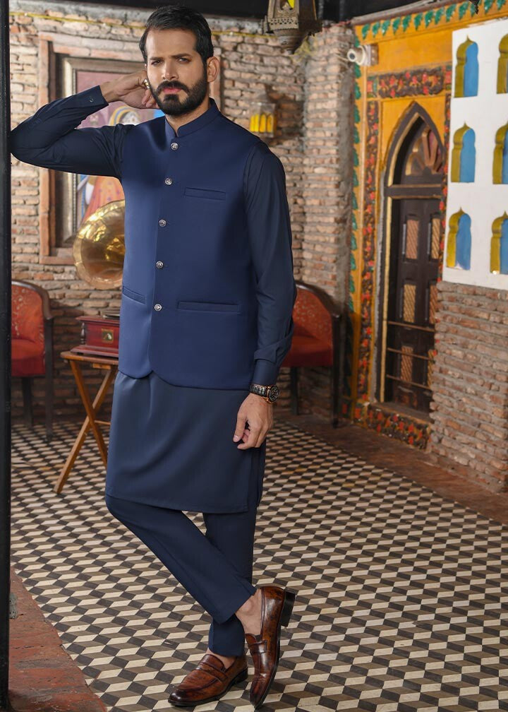 Navy Blue Blended Kurta Trouser with TR Waistcoat (3-Piece) - Image 1